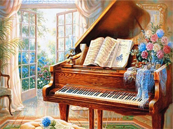 HUACAN 5d DIY Diamond Painting Art Kits Full Square Piano Flower Scenery Home Decoration