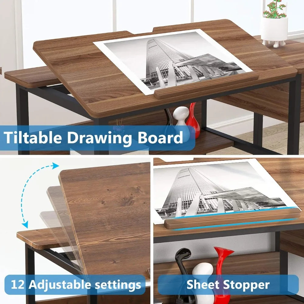 Drafting Table with Storage Drawers, Drawing Computer Desk Artist Craft Table Painting Desk Workstation with Shelves