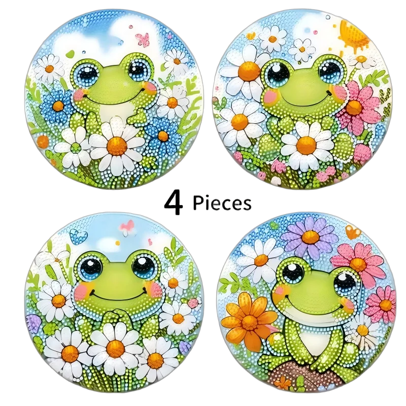 4-Piece Frog Patterned Wooden Diamond Dining Mat Set, DIY Crystal Diamond Art Insulated Table Mat Round Drill