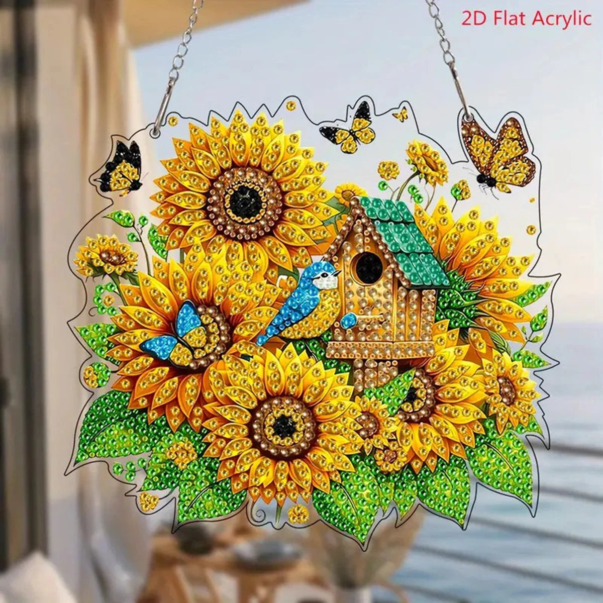 2D Flat, Vibrant Sunflower, Butterfly And Birdhouse Diamond Art Set - Unique Shaped Acrylic Gemstone Decoration