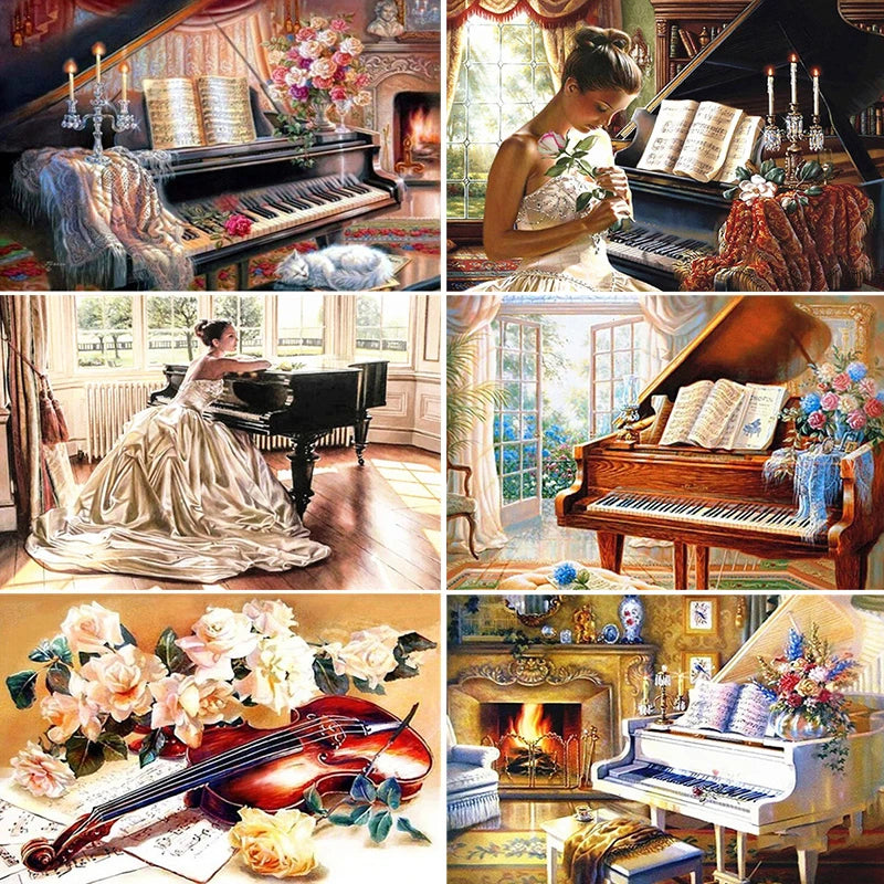 HUACAN 5d DIY Diamond Painting Art Kits Full Square Piano Flower Scenery Home Decoration
