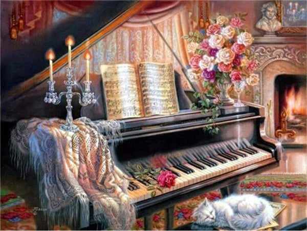 HUACAN 5d DIY Diamond Painting Art Kits Full Square Piano Flower Scenery Home Decoration