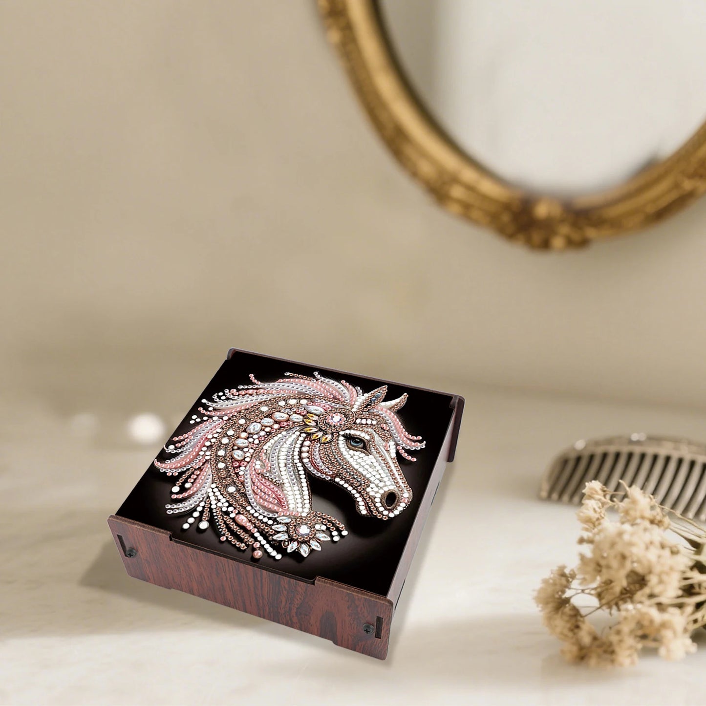 5D DIY Animal Girl Theme 4 Slots Diamond Painting Kit, Wooden Storage Box Diamond Art Jewelry Case, Storage Organizer