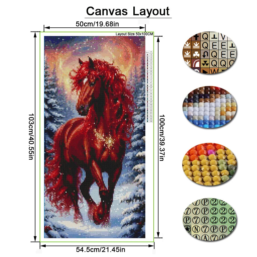 Fullcang Red Horse Large Size DIY Diamond Painting Winter Scenery Snow Full Square / Round Drill