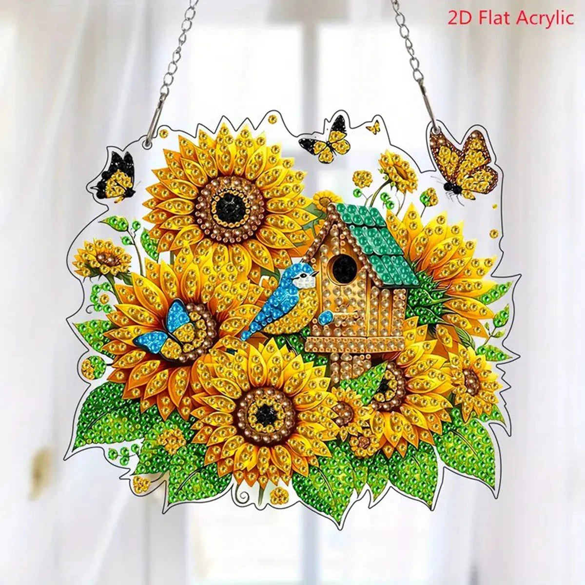 2D Flat, Vibrant Sunflower, Butterfly And Birdhouse Diamond Art Set - Unique Shaped Acrylic Gemstone Decoration