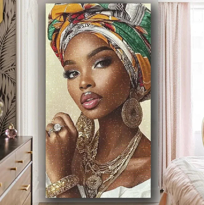 Vibrant African Woman Colorful Turban 5D Diamond Painting Full Square Round Diamond Large Size