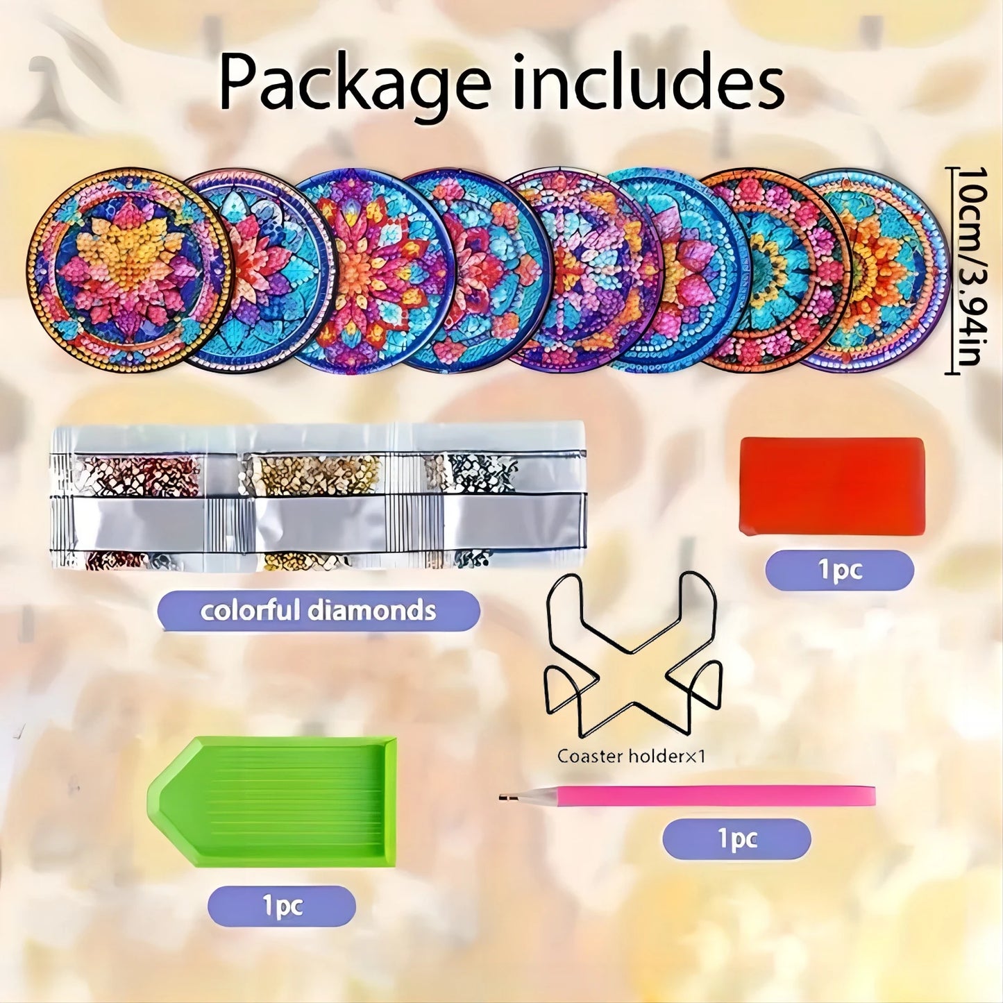 8-PCS Set With Bracket DIY Diamond Painting Set, Creative Floral Themed Coaster Set, Sparkling Diamond Art Wooden Mosaic Craft Set