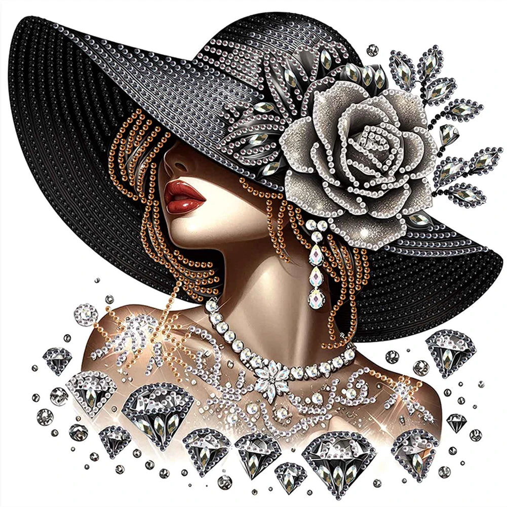 5D DIY Partial Special Shaped Drill Diamond Painting Kit, Girl In Hat Decoration 30x30cm