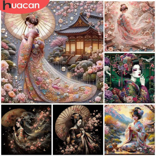 HUACAN Japanese Women, Cherry Blossom Flower, DIY Diamond Painting 5d Portrait Full Square / Round Drill
