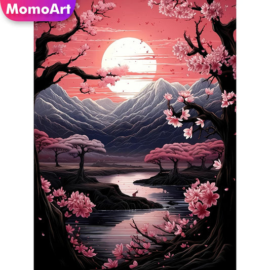 Momoart Diamond Painting Mountain River Landscape DIY Painting Sunset Full Square Round Diamond Mosaic Tree Handmade Hobby