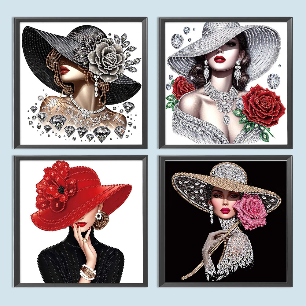 5D DIY Partial Special Shaped Drill Diamond Painting Kit, Girl In Hat Decoration 30x30cm