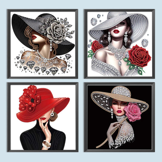 5D DIY Partial Special Shaped Drill Diamond Painting Kit, Girl In Hat Decoration 30x30cm