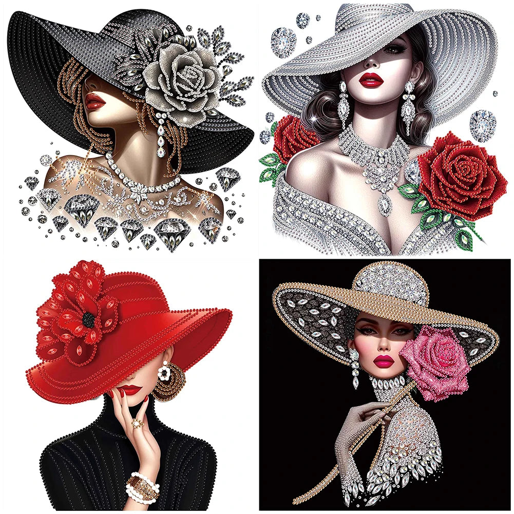 5D DIY Partial Special Shaped Drill Diamond Painting Kit, Girl In Hat Decoration 30x30cm