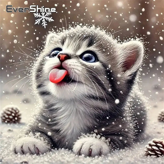 Evershine Animal DIY Diamond Mosaic Kitten Winter Scene Full Square / Round Drill