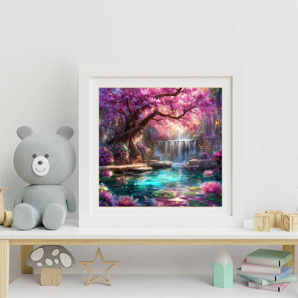 Momoart Tree Diamond Waterfall Landscape Lotus Flower Painting Full Square/Round Drill