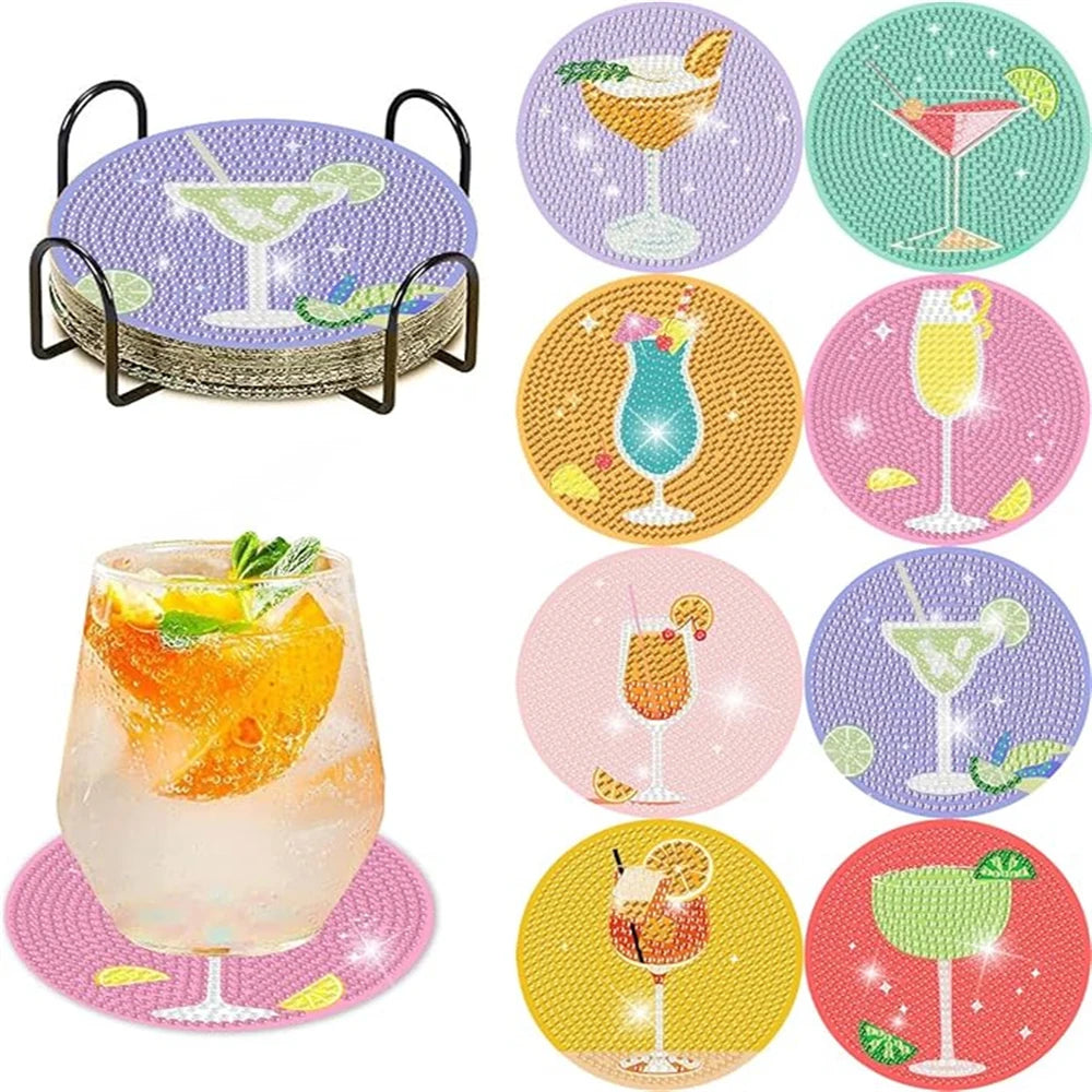 DIY 8 pcs / Set Of Coffee Patterned Diamond Painted Coaster Set, Sparkling Rhinestone Heat-Resistant Beverage Mat With Holder DIY