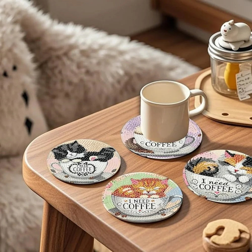 8-Piece / Set Diamond Art Painting Cup Mat With Stand, DIY Coffee Cat Pattern Diamond Art Cup Coasters