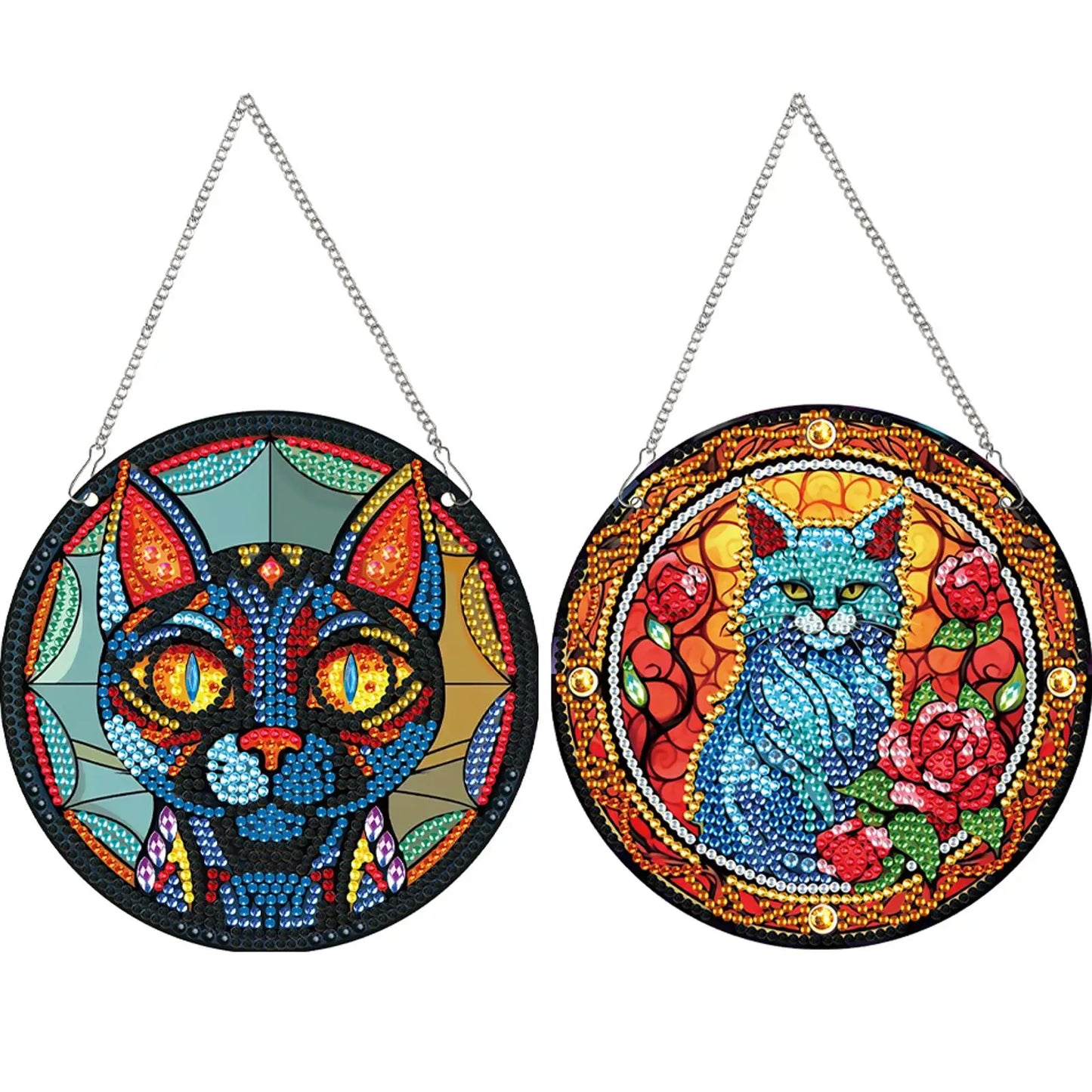 2pcs Animal Cat Theme 2D/Flat DIY Diamond Painting Collection Window Pendants Single-Sided Drill Diamond Art Pendant