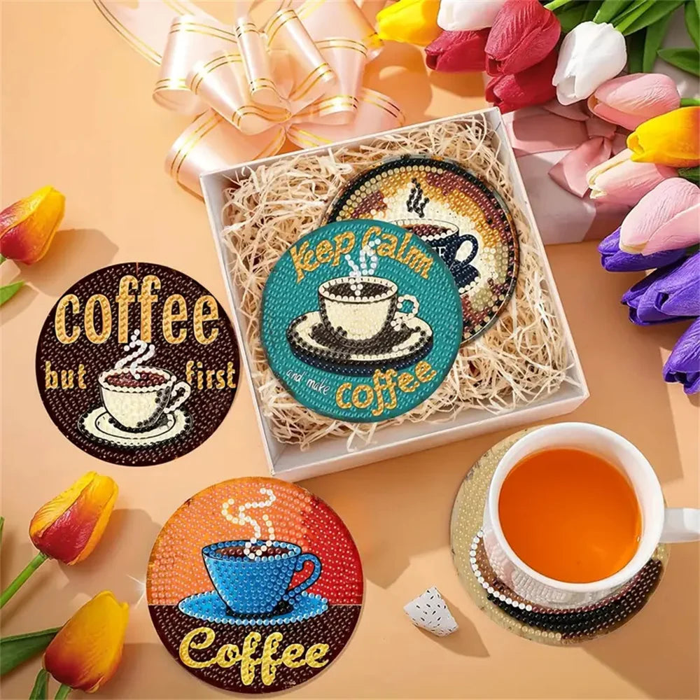 DIY 8 pcs / Set Of Coffee Patterned Diamond Painted Coaster Set, Sparkling Rhinestone Heat-Resistant Beverage Mat With Holder DIY