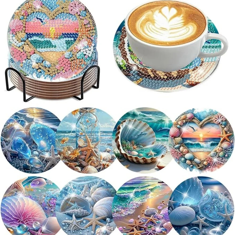8-Piece Round Diamond Painting Coaster Set - DIY Van Gogh Star Moonlit Creative Coaster With Bracket, Sparkling Diamond Art