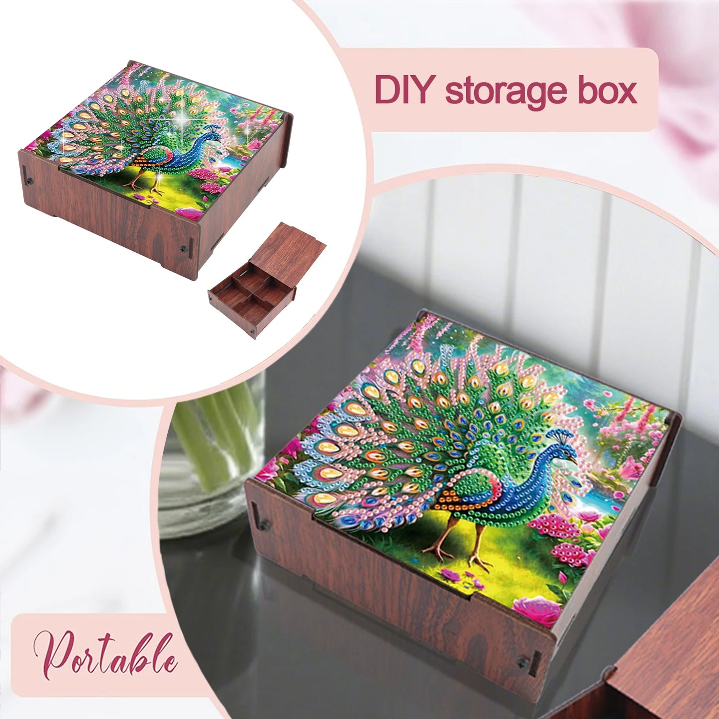 5D DIY Animal Girl Theme 4 Slots Diamond Painting Kit, Wooden Storage Box Diamond Art Jewelry Case, Storage Organizer