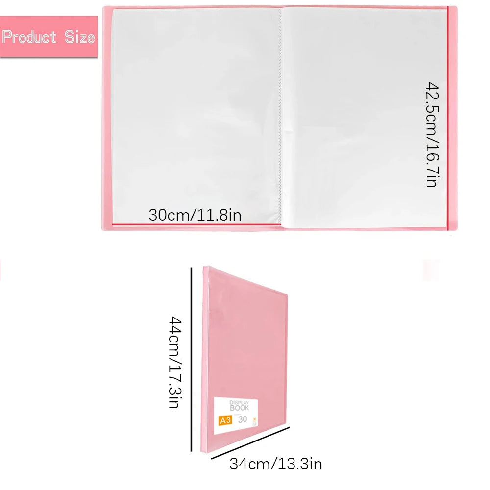 Pink A3 30 Pages Diamond Painting Photo Album Storage Book Portfolio Presentation Clear Pockets Large Folder Stationery