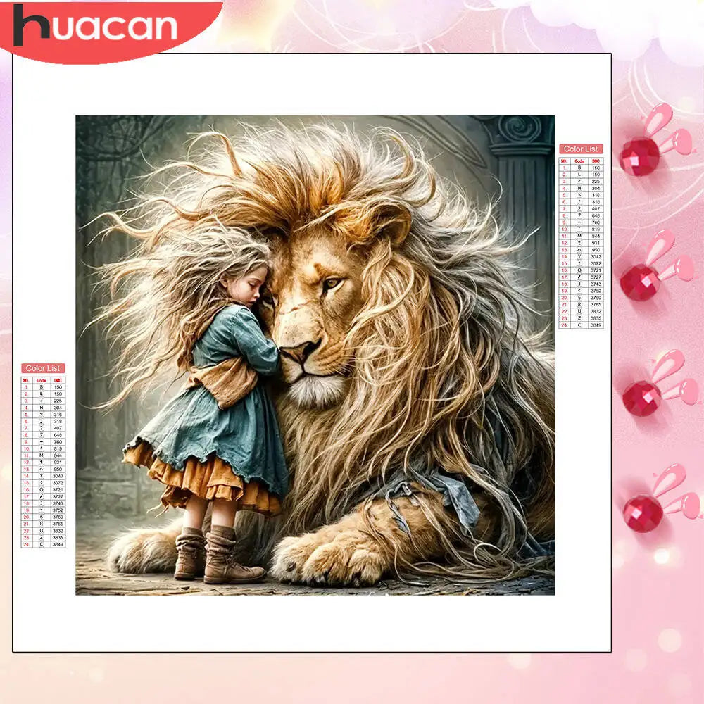 HUACAN Lion Diamond Painting Girl Full Square Round Drill Diamond Mosaic Animal Embroidery Wall Decoration Handmade Gift