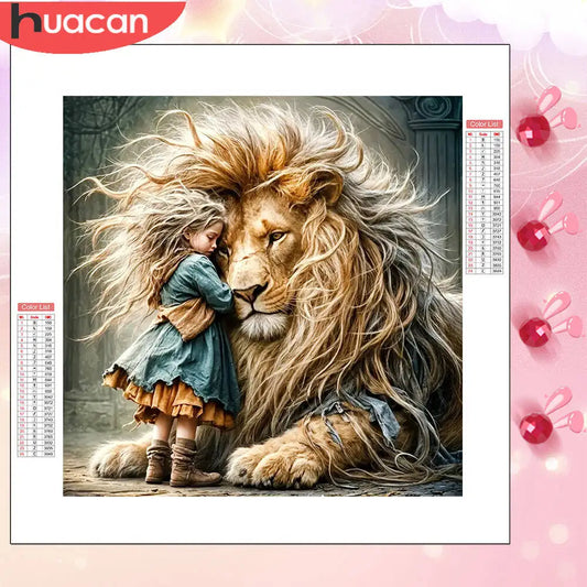 HUACAN Lion Diamond Painting Girl Full Square Round Drill Diamond Mosaic Animal Embroidery Wall Decoration Handmade Gift