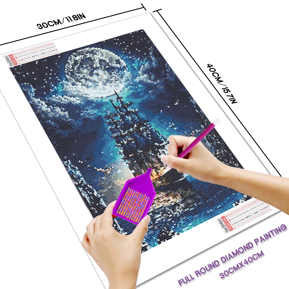 Huacan Full Diamond Ship Moon Sea Landscape DIY Full Square / Round Drill