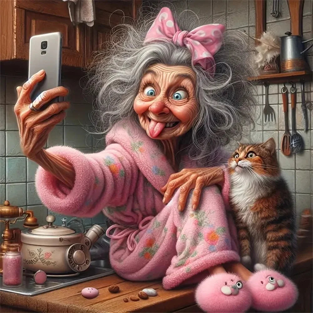 Momoart Old Woman and Cat Portrait, DIY Painting Cartoon Full Square / Round Drill