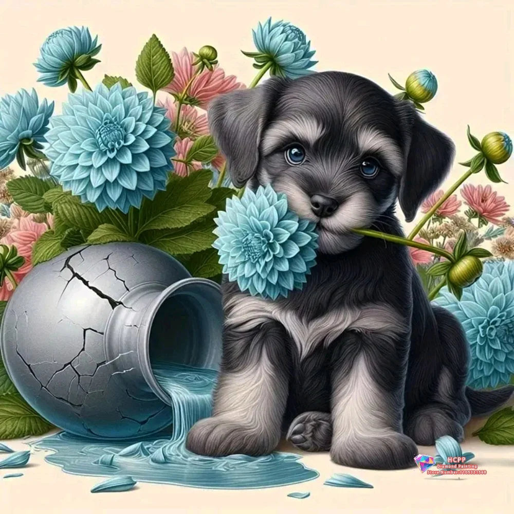 Diamond Painting Kit Square / Round Diamond 5D DIY Collage Of Cute Puppies With Flowers & Decorative Elements