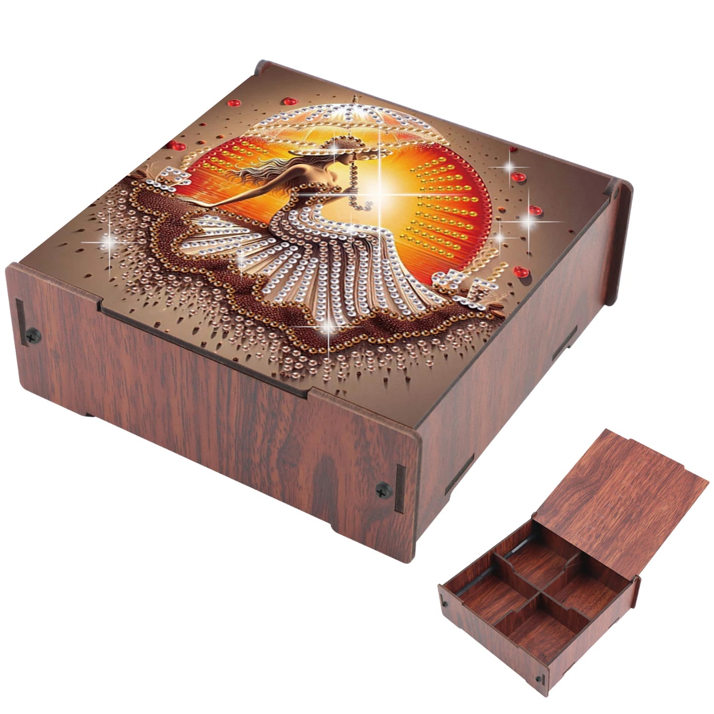 5D DIY Animal Girl Theme 4 Slots Diamond Painting Kit, Wooden Storage Box Diamond Art Jewelry Case, Storage Organizer