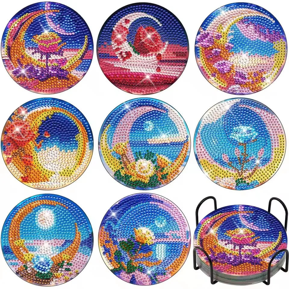 DIY 8 pcs / Set Of Coffee Patterned Diamond Painted Coaster Set, Sparkling Rhinestone Heat-Resistant Beverage Mat With Holder DIY