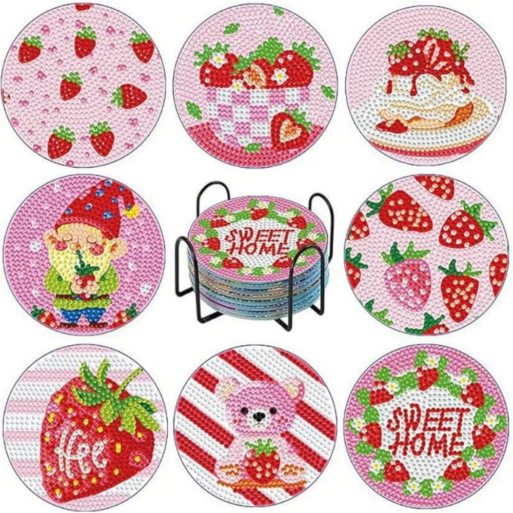 8-Piece Round Diamond Painting Coaster Set - DIY Van Gogh Star Moonlit Creative Coaster With Bracket, Sparkling Diamond Art