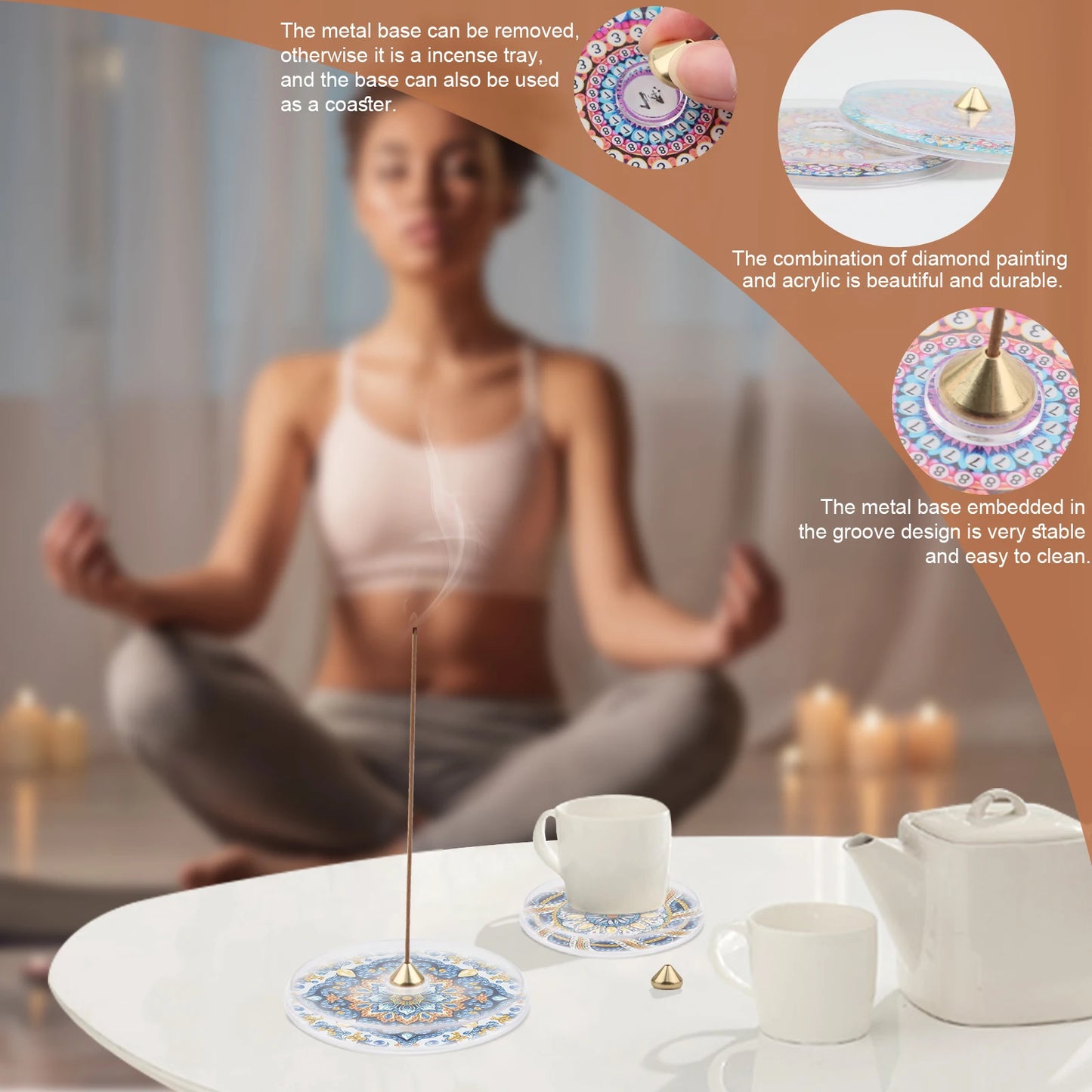 2PCS Diamond Art Painting Meditation Incense Plate Kit, Mandala Pattern