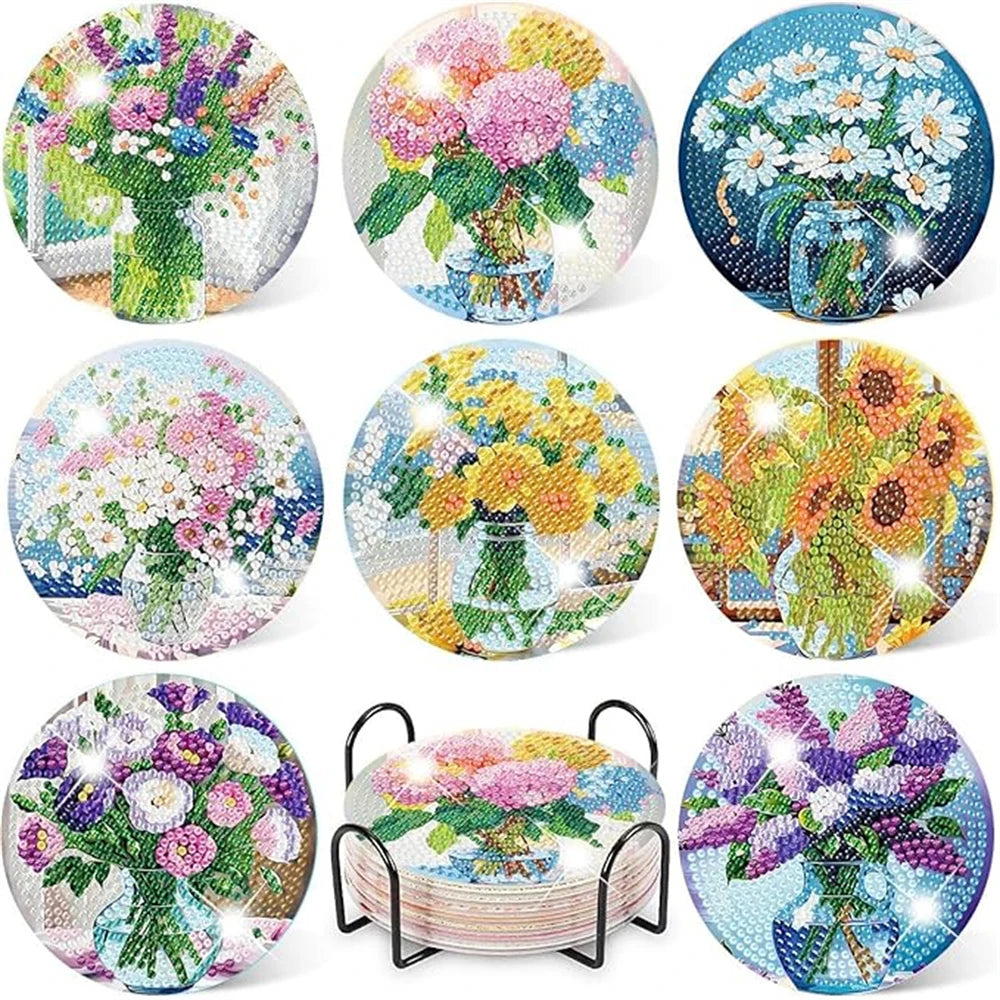 8-Piece Set of DIY Diamond Painting Coasters (With Holder)