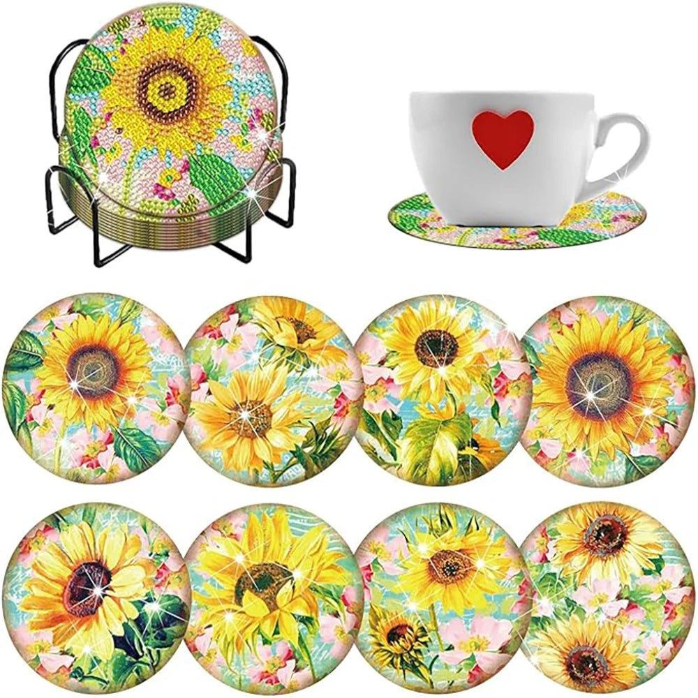DIY 8 pcs / Set Of Coffee Patterned Diamond Painted Coaster Set, Sparkling Rhinestone Heat-Resistant Beverage Mat With Holder DIY
