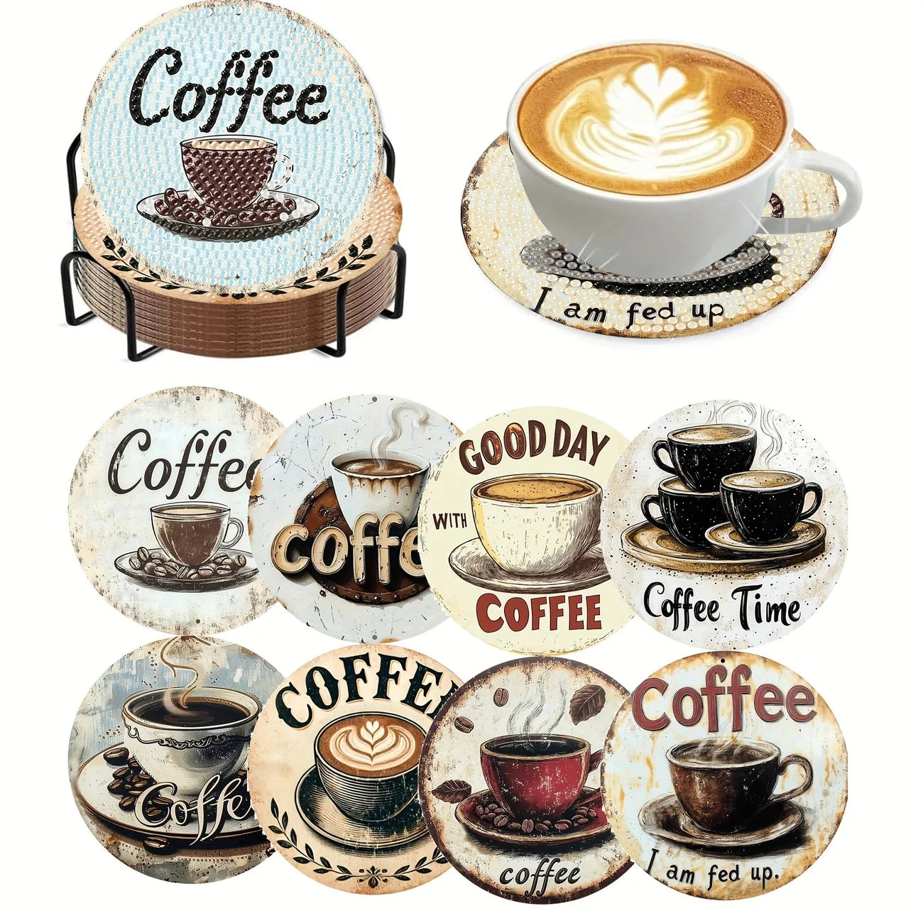 DIY 8 pcs / Set Of Coffee Patterned Diamond Painted Coaster Set, Sparkling Rhinestone Heat-Resistant Beverage Mat With Holder DIY