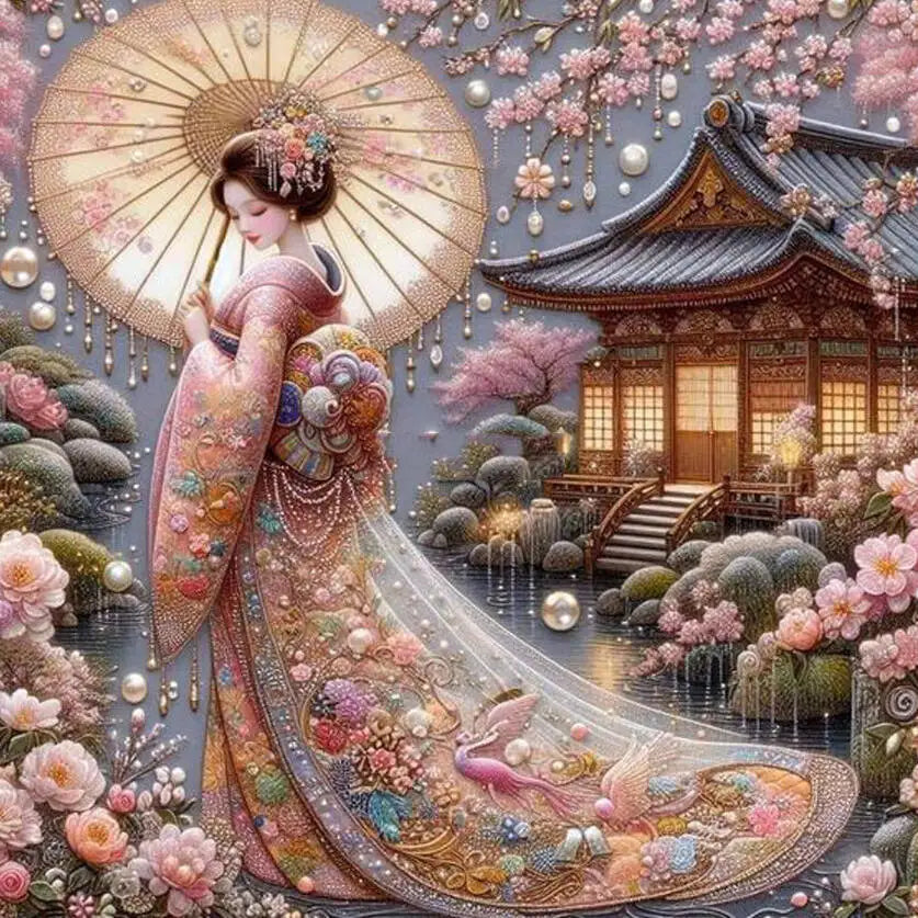 HUACAN Japanese Women, Cherry Blossom Flower, DIY Diamond Painting 5d Portrait Full Square / Round Drill