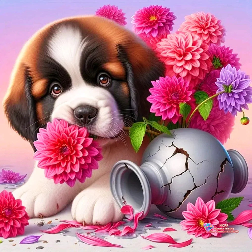 Diamond Painting Kit Square / Round Diamond 5D DIY Collage Of Cute Puppies With Flowers & Decorative Elements