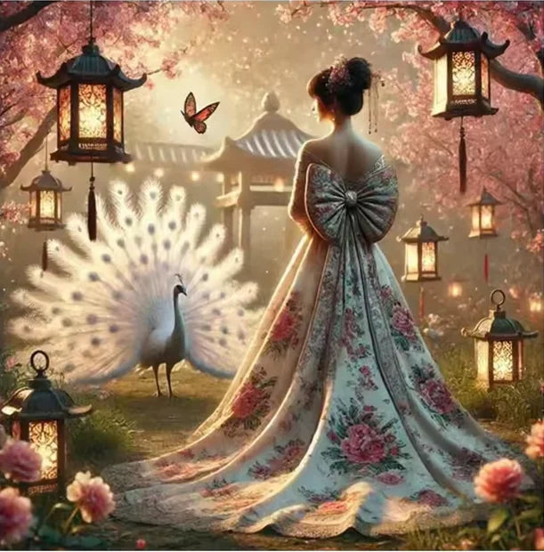 Diy Diamond Painting Sakura Beauty Woman Wearing Long Skirt Lily Flowers 5D Full Square / Round Drill