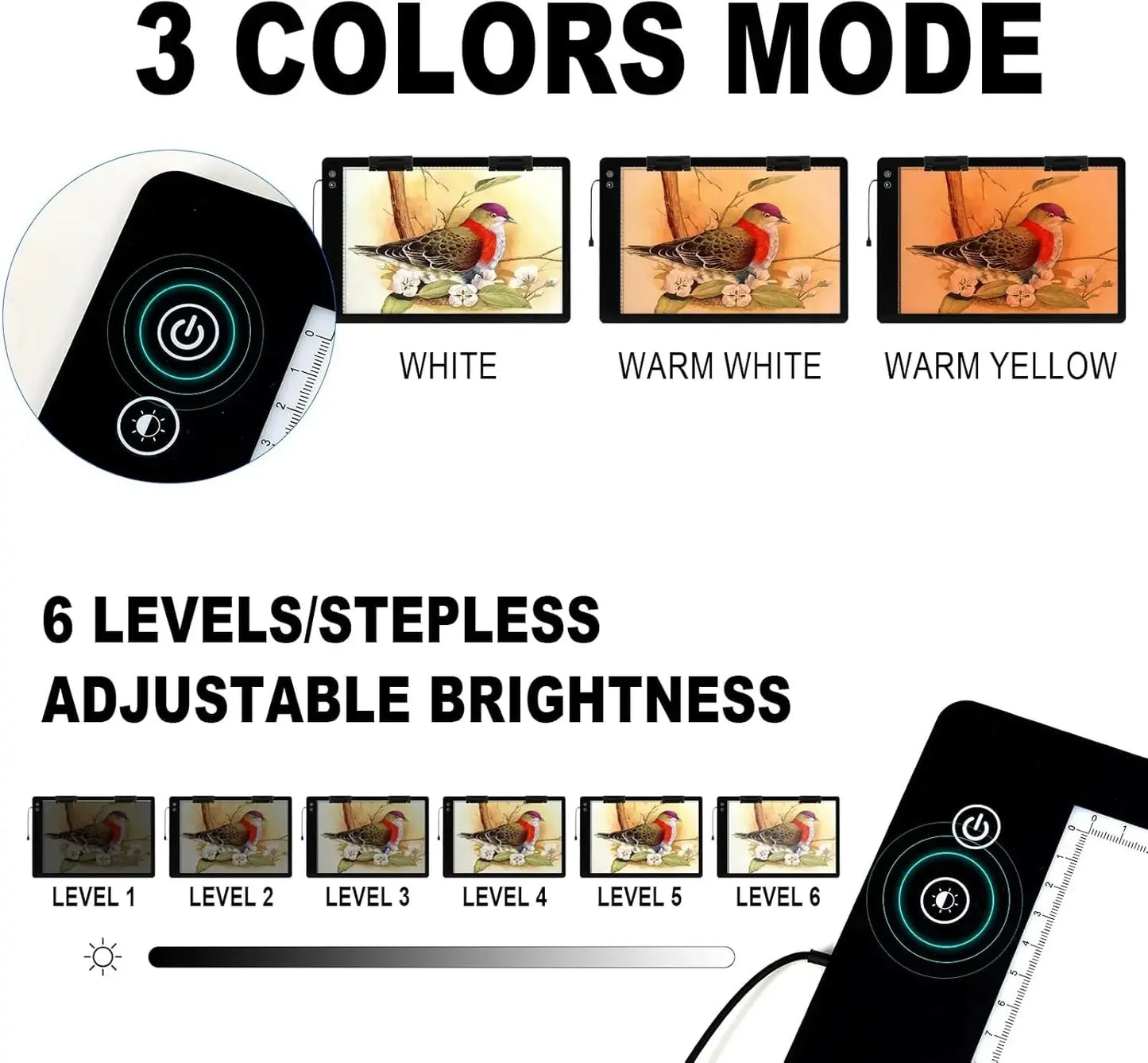 Rechargeable Large A2 Tracing Light Pad, 3 Colors Light Mode Diamond Painting Cordless Light Board, 6-Level/Stepless Adjusted