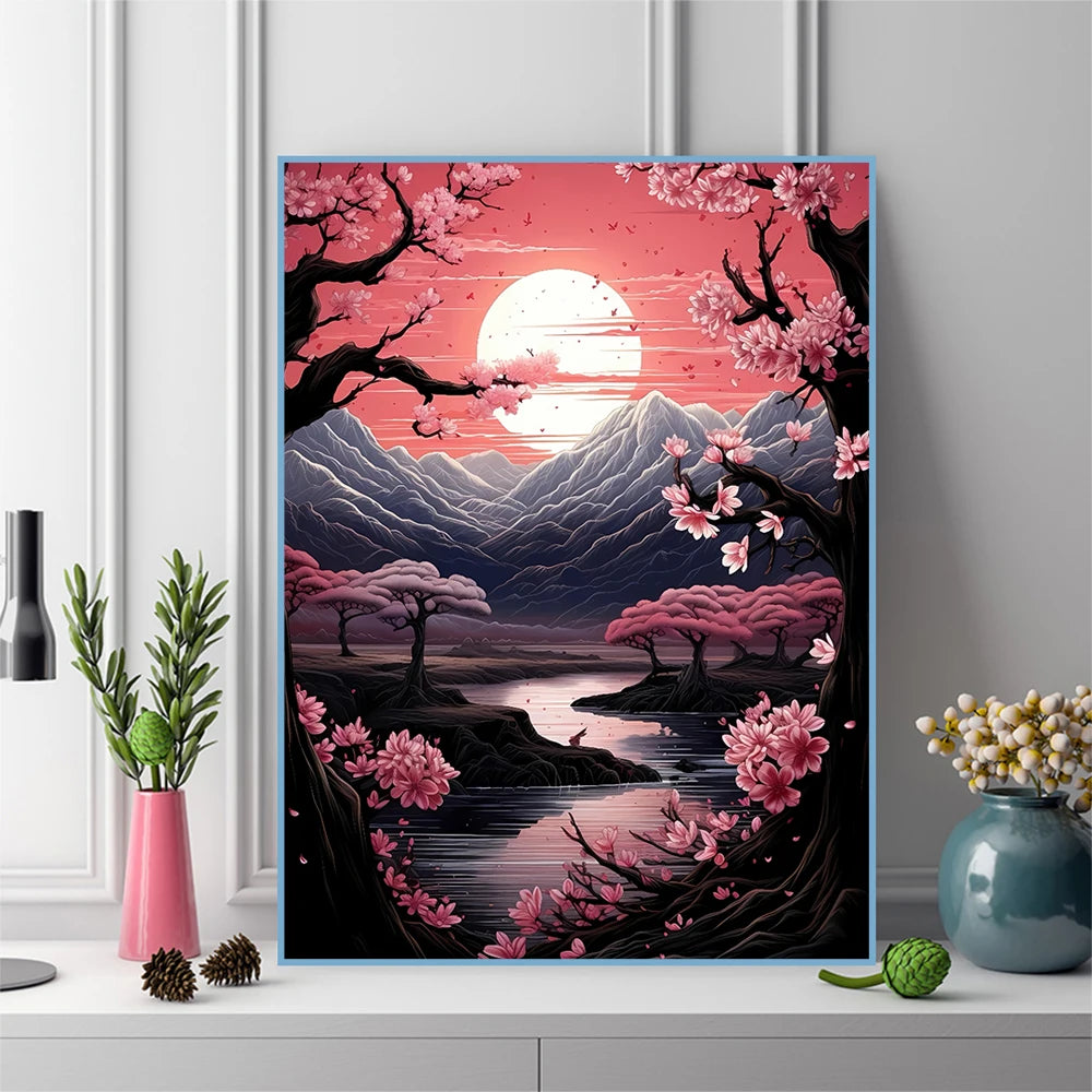 Momoart Diamond Painting Mountain River Landscape DIY Painting Sunset Full Square Round Diamond Mosaic Tree Handmade Hobby