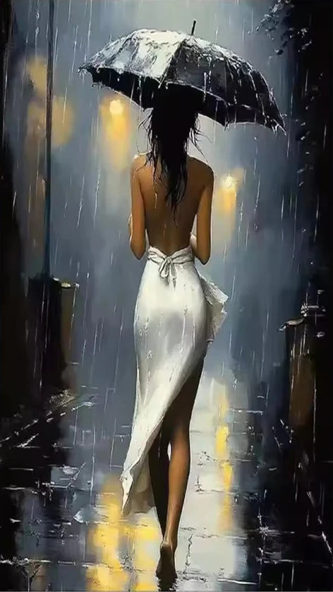 Romantic Rainy Night DIY Diamond Painting Art Elegant Woman Umbrella Street Scene