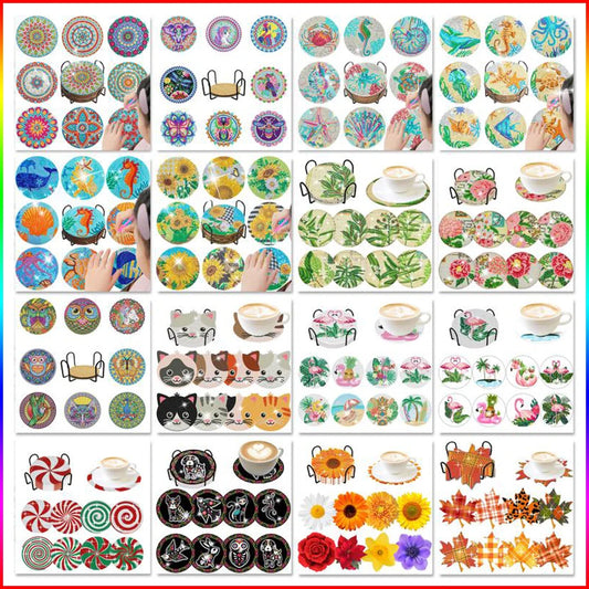 GLOBAL 8pcs/Set DIY Diamond Painting Coasters Animal Cup Cushion For Drinks Crystal Rhinestones Diamond Art Coasters