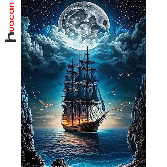 Huacan Full Diamond Ship Moon Sea Landscape DIY Full Square / Round Drill