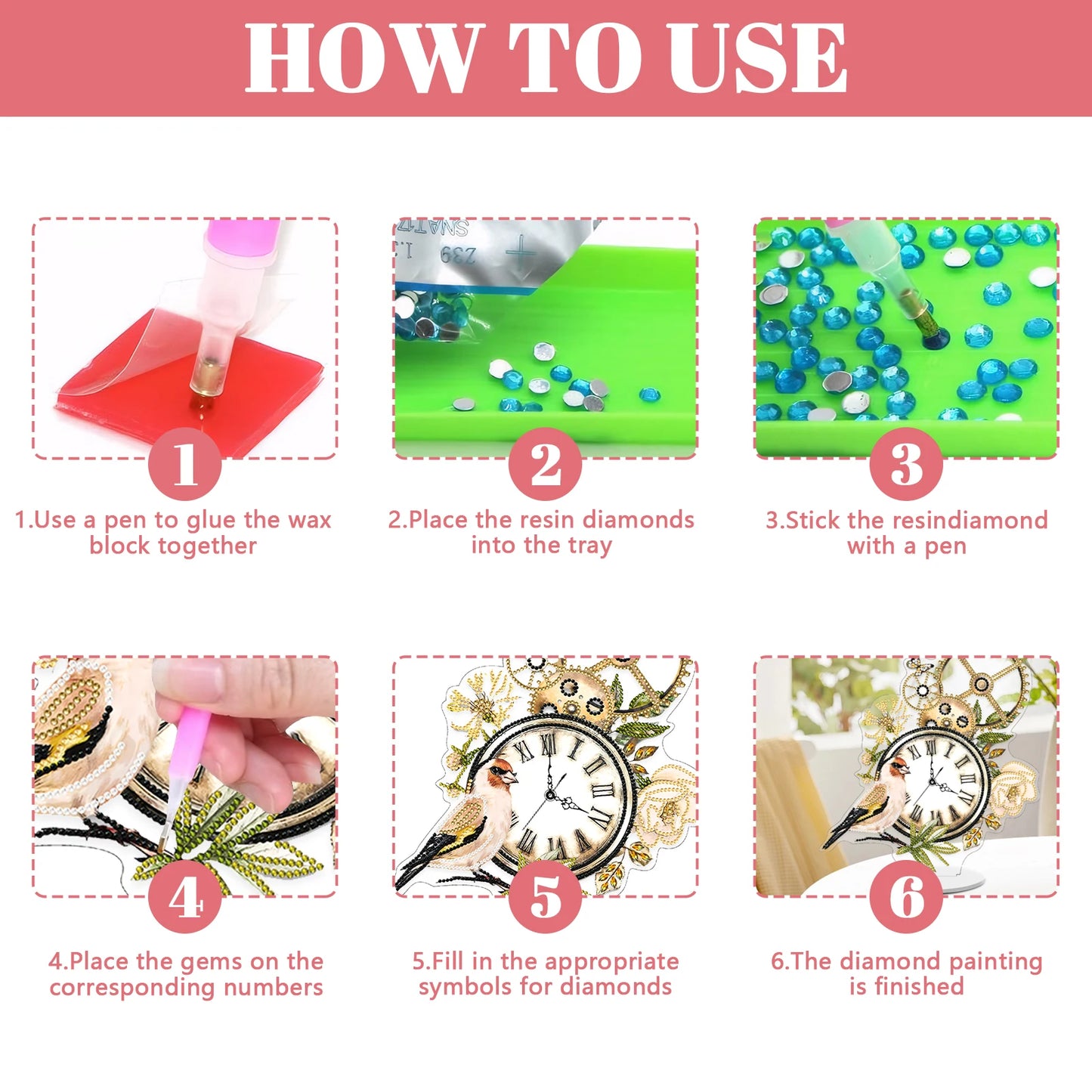 Acrylic Special Shape Flower Bird Diamond Painting Clock Ornaments Kit