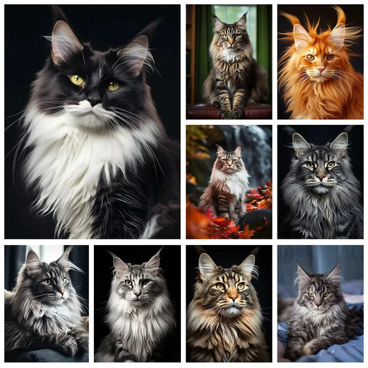 New Maine Coon DIY Diamond Art Painting Kits Crafts Big Cats Portrait Sets Embroidery Mosaic Hand Gift Home Decor Cross Stitch