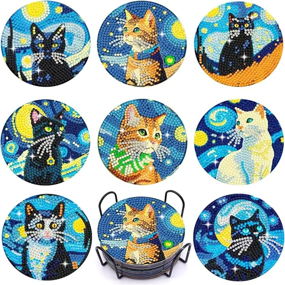 8-Piece Round Diamond Painting Coaster Set - DIY Van Gogh Star Moonlit Creative Coaster With Bracket, Sparkling Diamond Art