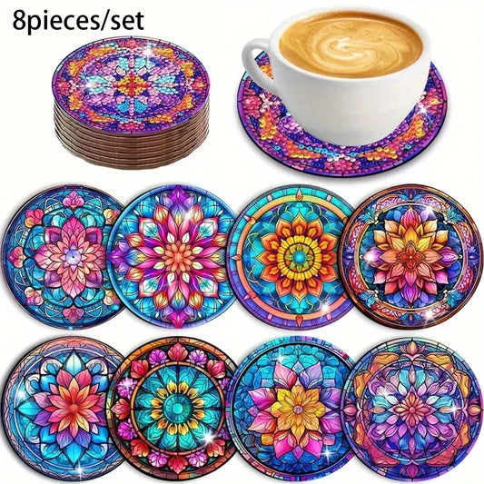 8-Piece Set Of DIY Diamond Painted Coasters With Mandala Pattern